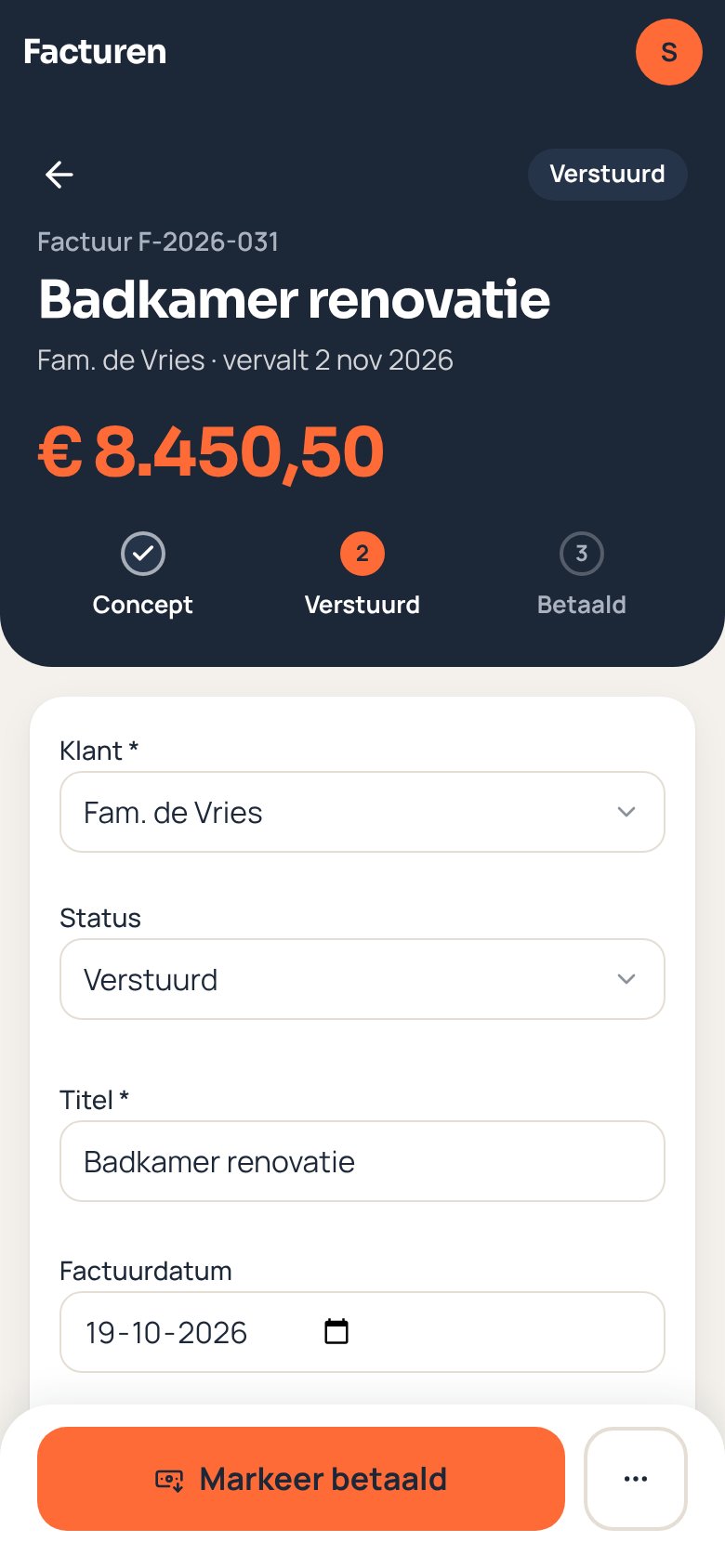Verstuurde factuur met de knop Markeer betaald