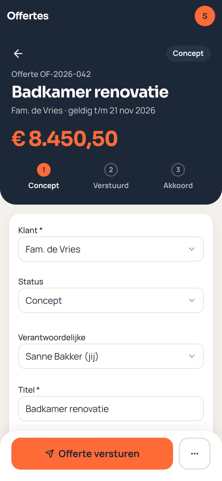 Offerte van € 8.450,50 met de knop Offerte versturen