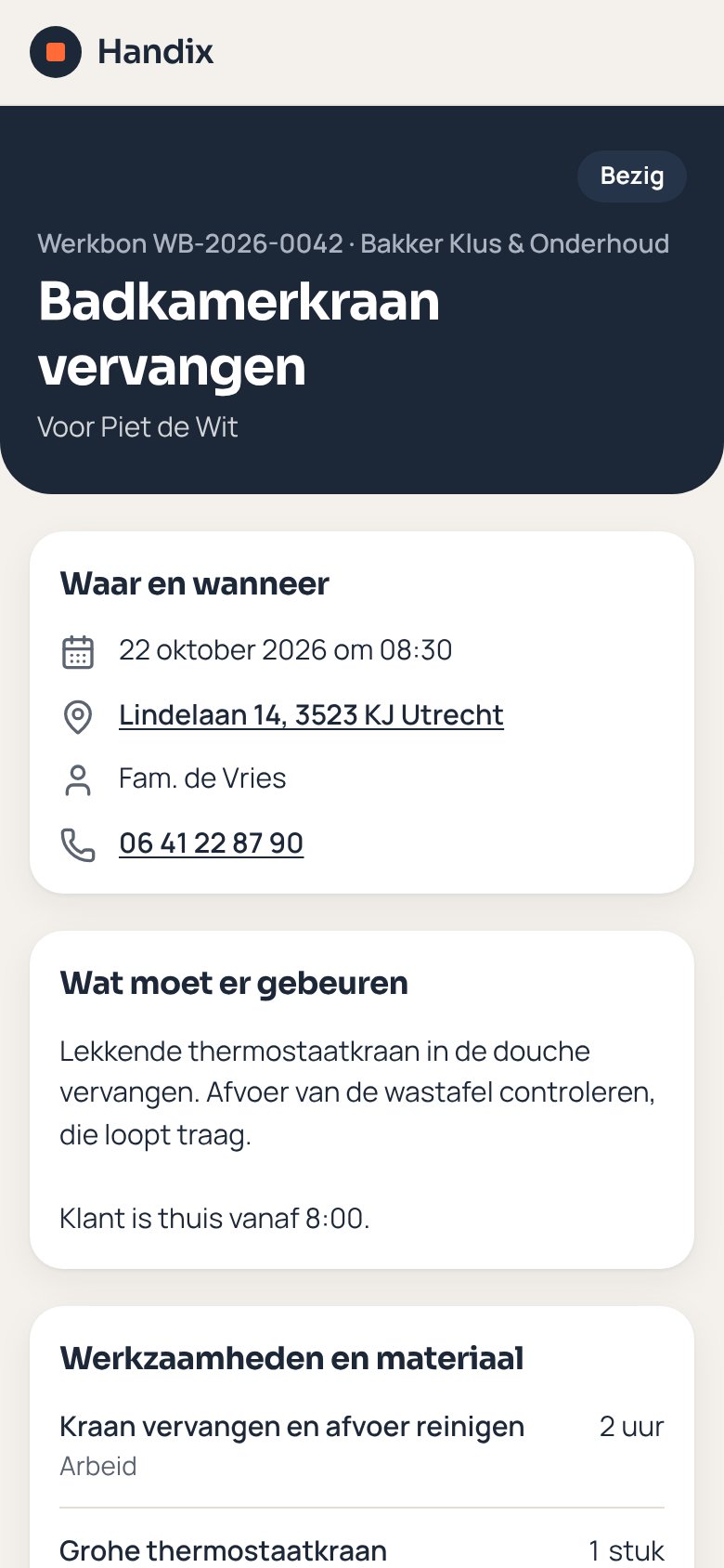 De uitvoerderspagina van een werkbon in Handix: klus, adres, uren en foto's, zonder bedragen.